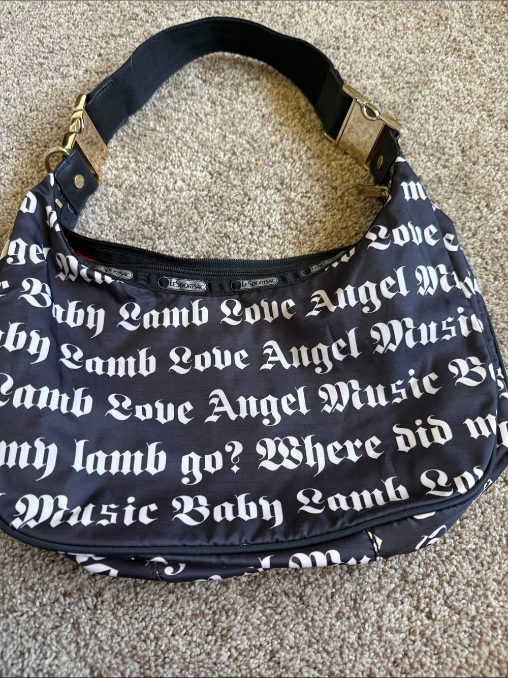 Gwen Stefani  Lesportsac Black White Logo Print Shoulder Bag with Gold Hardware